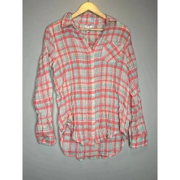 Lauren Conrad long sleeve crinkle flannel plaid button down shirt size Small - Picture 1 of 6